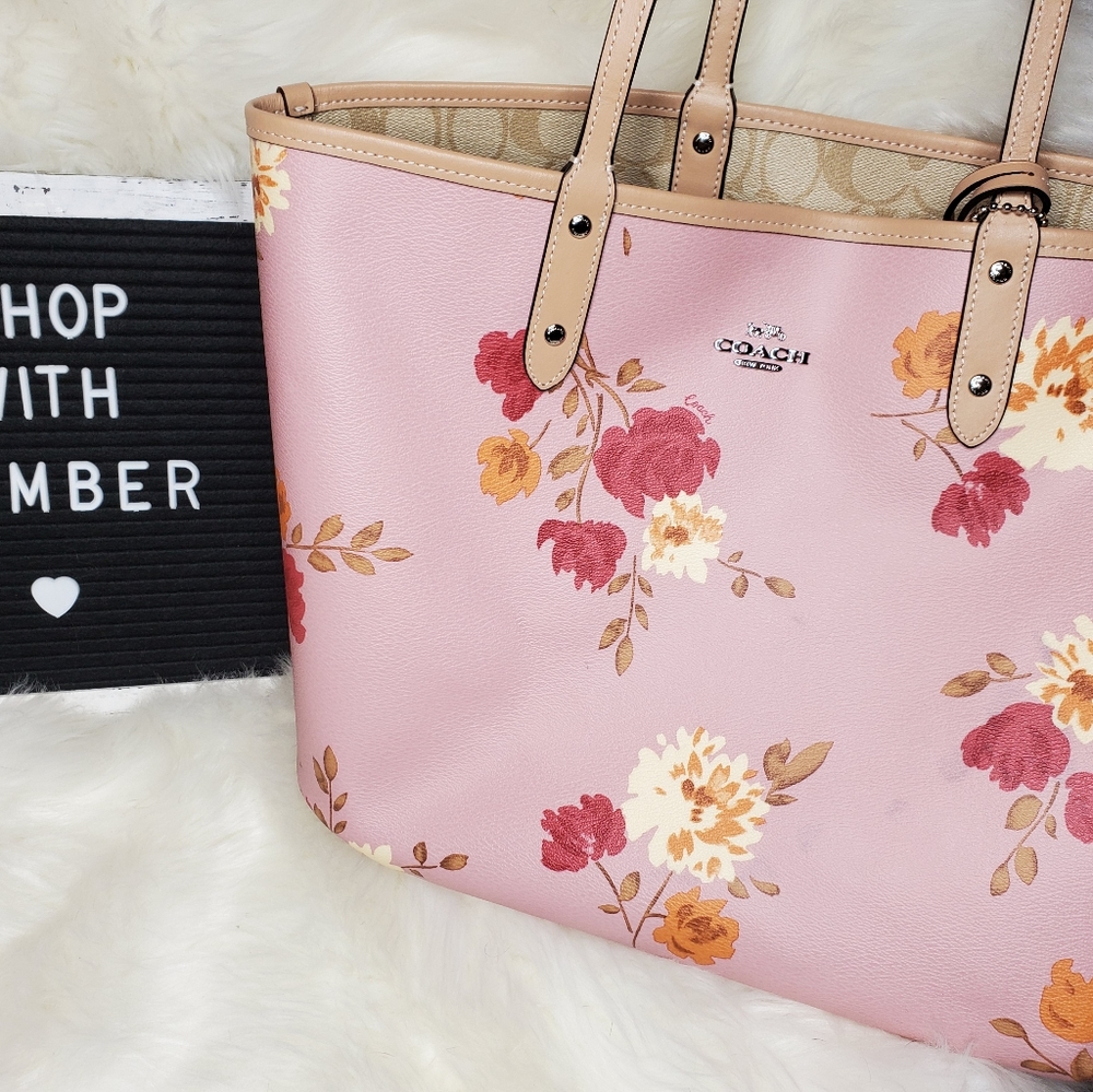 Coach Pink/Beige Floral Print And Signature Coated